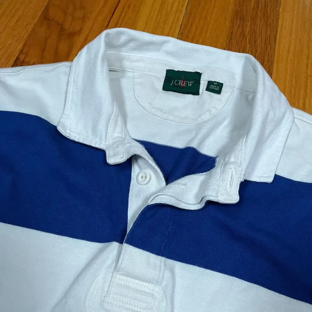 J. Crew Rugby Polo Shirt Short Sleeve Medium Blue White Striped Nautical Preppy